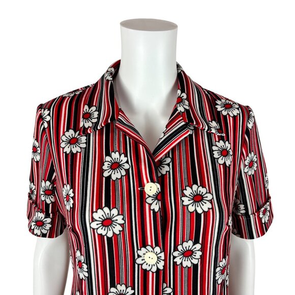 Vintage 70s Floral Print Top Women's Medium Red Black Daisies Stripes Blouse - Picture 5 of 11